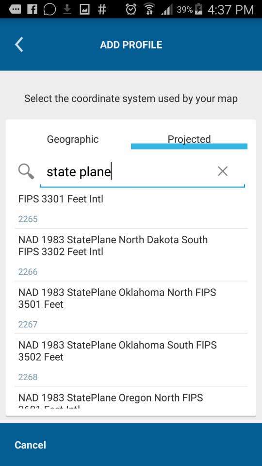 Screenshot - ArcGIS Collector Arrow GNSS Configure on Android screenshot - Location profile pick your coordinate system