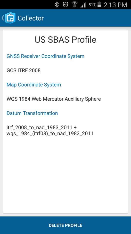 Screenshot - ArcGIS Collector Arrow GNSS Configure on Android screenshot - Location profile pick the datum your map uses - Typical Location Profile Collector for US SBAS data collection
