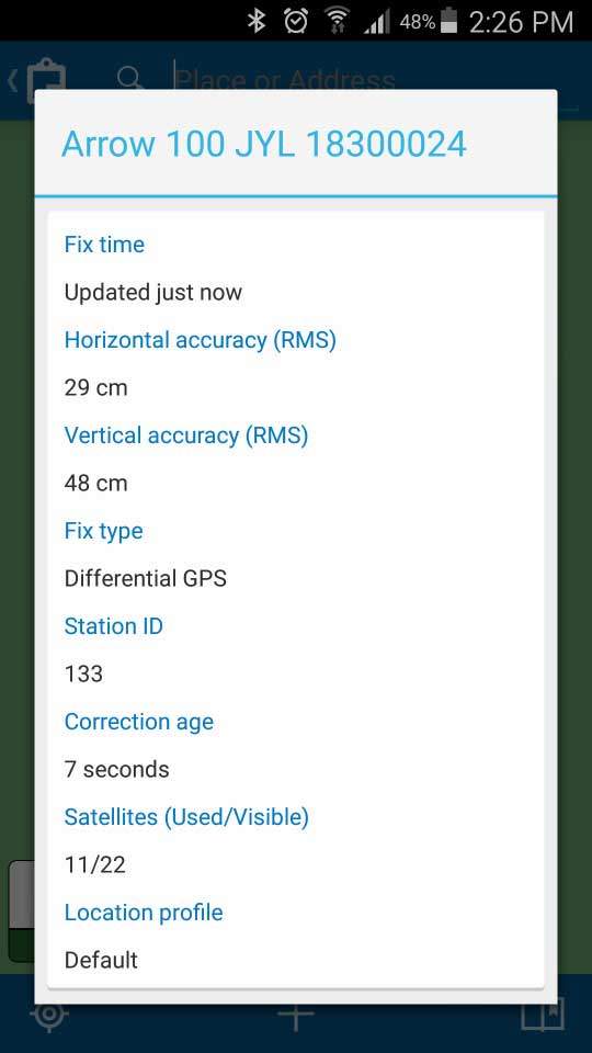 Screenshot - ArcGIS Collector Arrow GNSS Configure on Android screenshot - Location profile pick the datum your map uses - Successful Arrow 100 GPS receiver connection to Collector 10.4