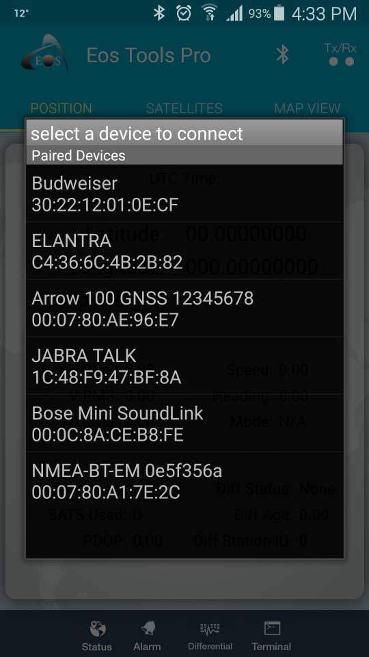 Screenshot - ArcGIS Collector Arrow GNSS Configure on Android screenshot - Location profile pick the datum your map uses - Eos Tools Pro main menu - Select your Arrow GNSS receiver for RTK