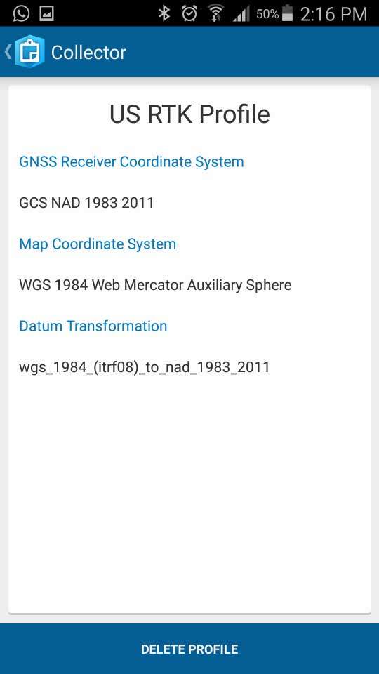 Screenshot - ArcGIS Collector Arrow GNSS Configure on Android screenshot - Location profile pick the datum your map uses - Eos Tools Pro main menu - US RTK Profile example
