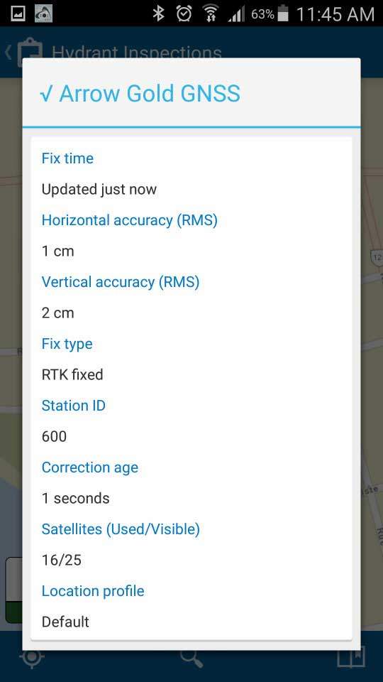 Screenshot - ArcGIS Collector Arrow GNSS Configure on Android screenshot - Location profile pick the datum your map uses - Verify you are connected to RTK Arrow Gold GNSS receiver in Collector Map
