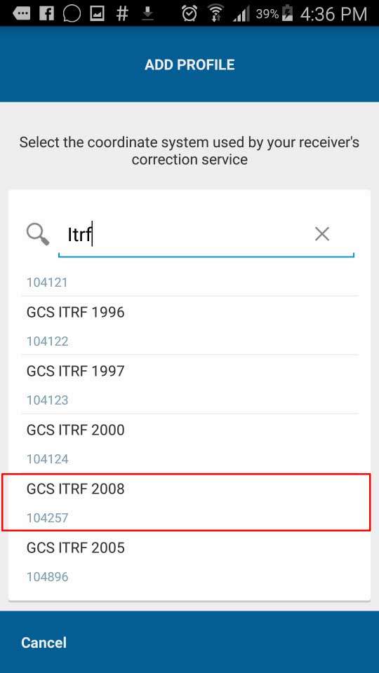 Screenshot - ArcGIS Collector Arrow GNSS Configure on Android screenshot - Pick ITRF 2008 for SBAS