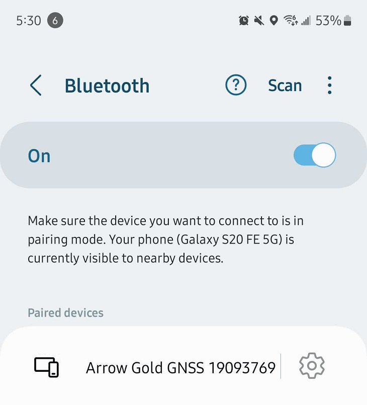 Samsung Galaxy S20 Bluetooth settings paired devices with the Eos Arrow Gold GNSS Receiver