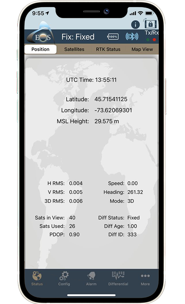 Eos Tools Pro screenshot: GNSS position tab on iPhone, mobile GNSS location status