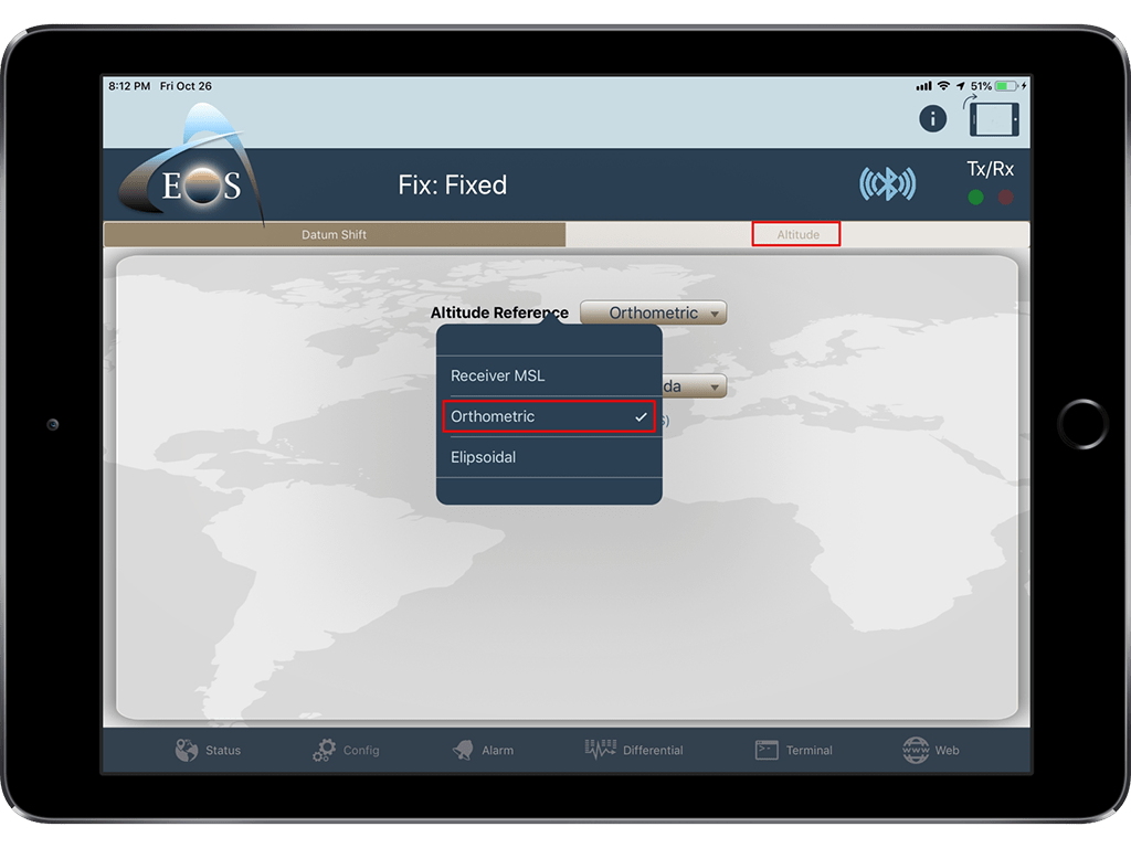 Eos Tools Pro screenshot: Sett Survey-Grade Elevations in Altitude tab for real-time orthometric height conversions on iPad Air