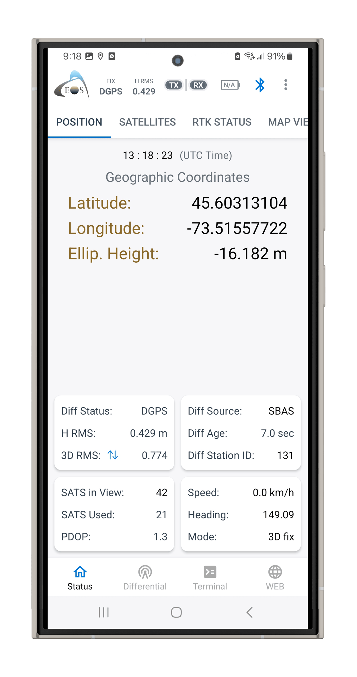 Eos Tools Pro Position Status Menu for high-accuracy GNSS positioning