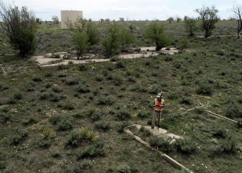 Jim Casey setting a ground control point (GCP) at the site of Amache Internment Camp in southeastern Colorado, as captured by his drone