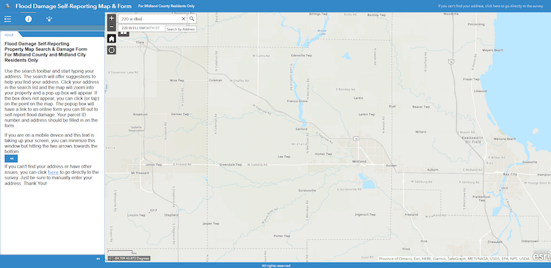 This ArcGIS Online map allowed Midland County residents to self report flood damage in their area using an ArcGIS Survey123 form.