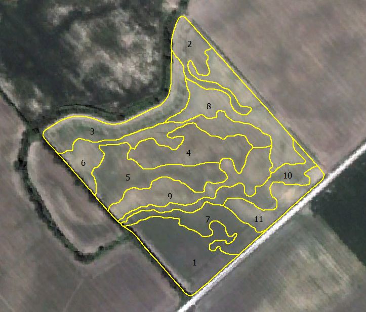 The zones are separated, numbered, and converted into a shape file to be sent into the field. These zones are created with submeter accuracy.