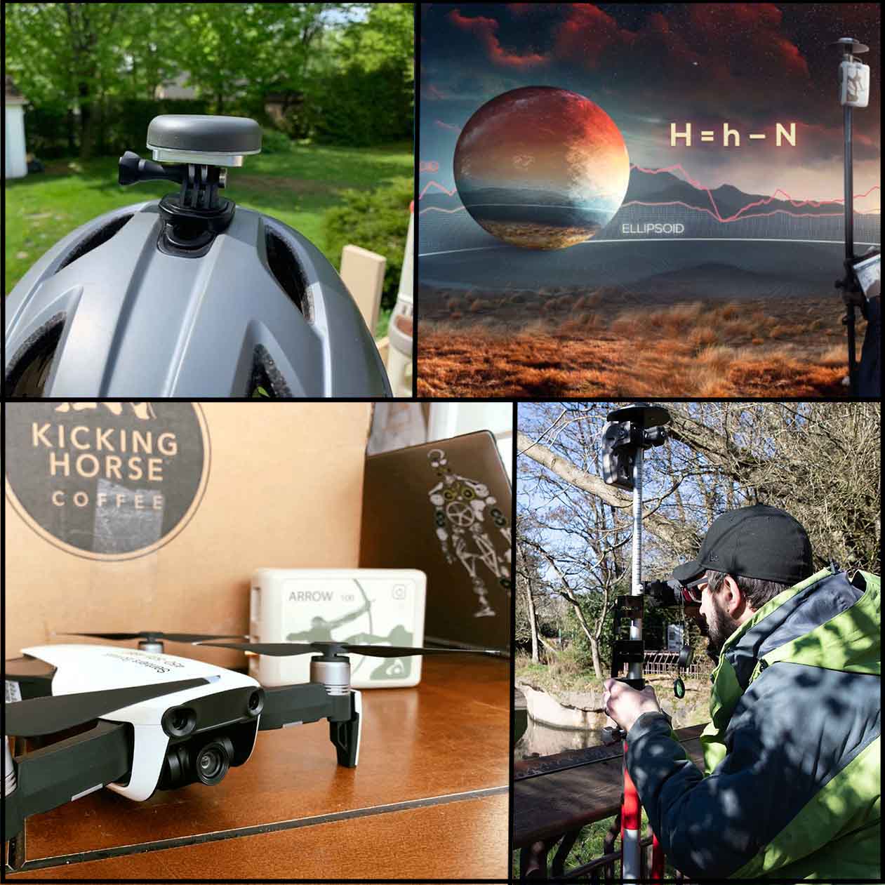 2019 Esri User Conference Sessions We Recommend: shown here is the Eos Positioning System sponsored lunch collage of a go pro with Esri ARCGIS QUICKCAPTURE APP for bike trail mapping, real time GEOID 12b height support; Arrow GPS for ground control; and laser mapping at Woodland Park Zoo