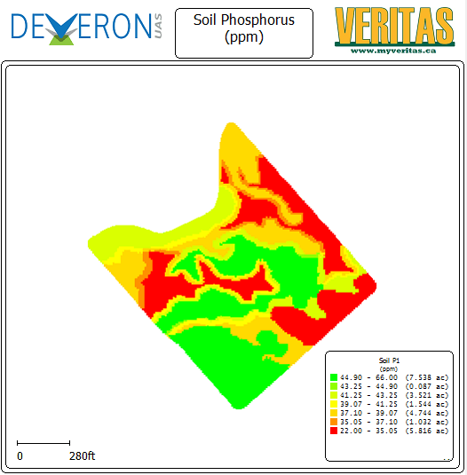 This graphic shows a soil fertility map, telling which areas of a field have high levels of phosphorous (dark green zones) and which have low levels of phosphorus (dark red zones). The fertilizing equipment will automatically adjust the amount that is applied based on what zone it is in. Zones with high fertility levels (green) will receive less fertilizer, and zones with low fertility levels (red) will receive more fertilizer).