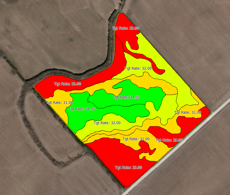 This graphic shows an example of a planting prescription, a special digitized map that tells equipment what rate of product to apply based on its location in the field. In the photo, it is visible that some zones will receive 34,000 seeds/acre, while other zones will only receive 29,000 seeds/acre.