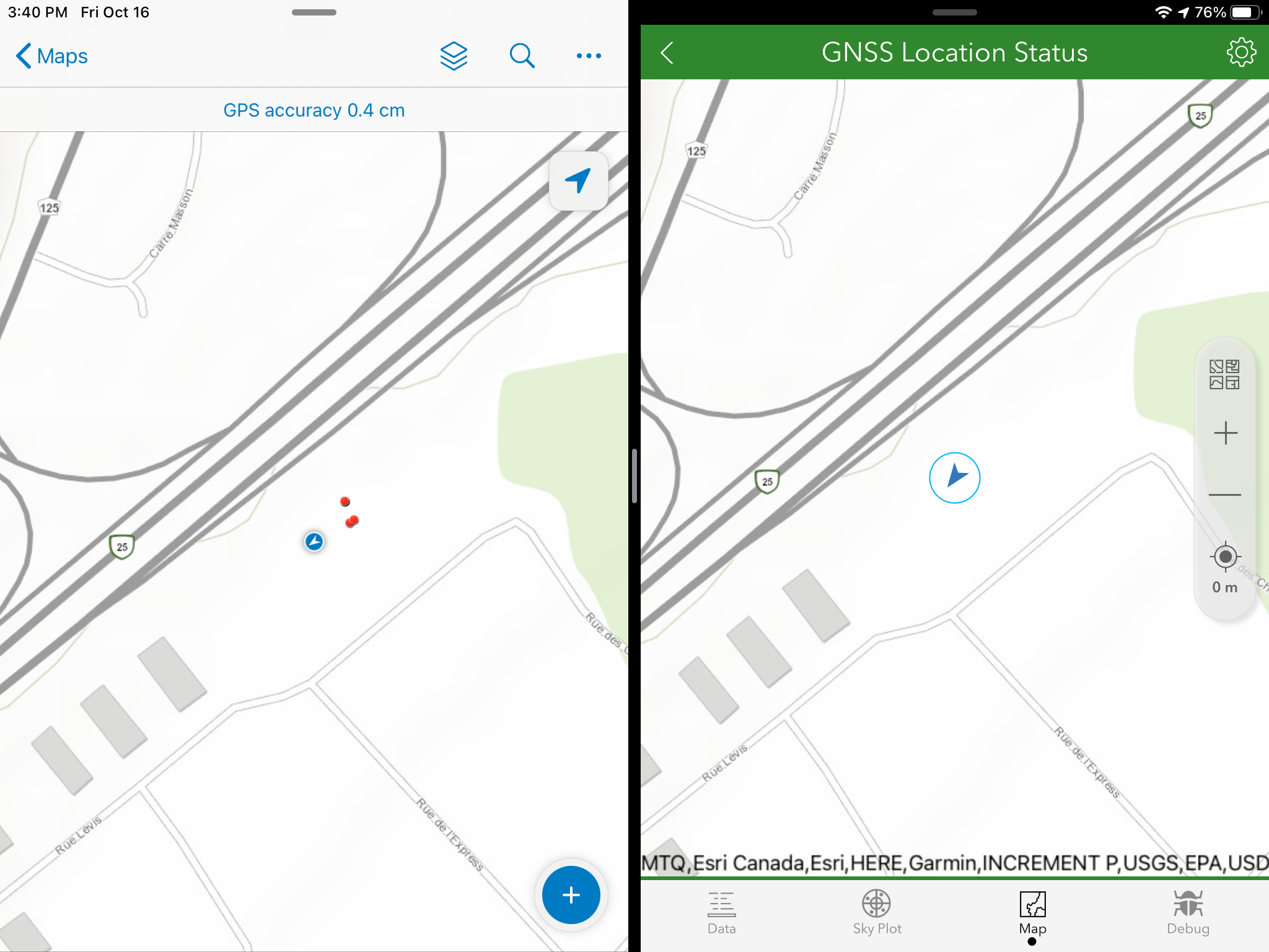 Simultaneous map view of ArcGIS Collector (L) and ArcGIS Survey123 (R)