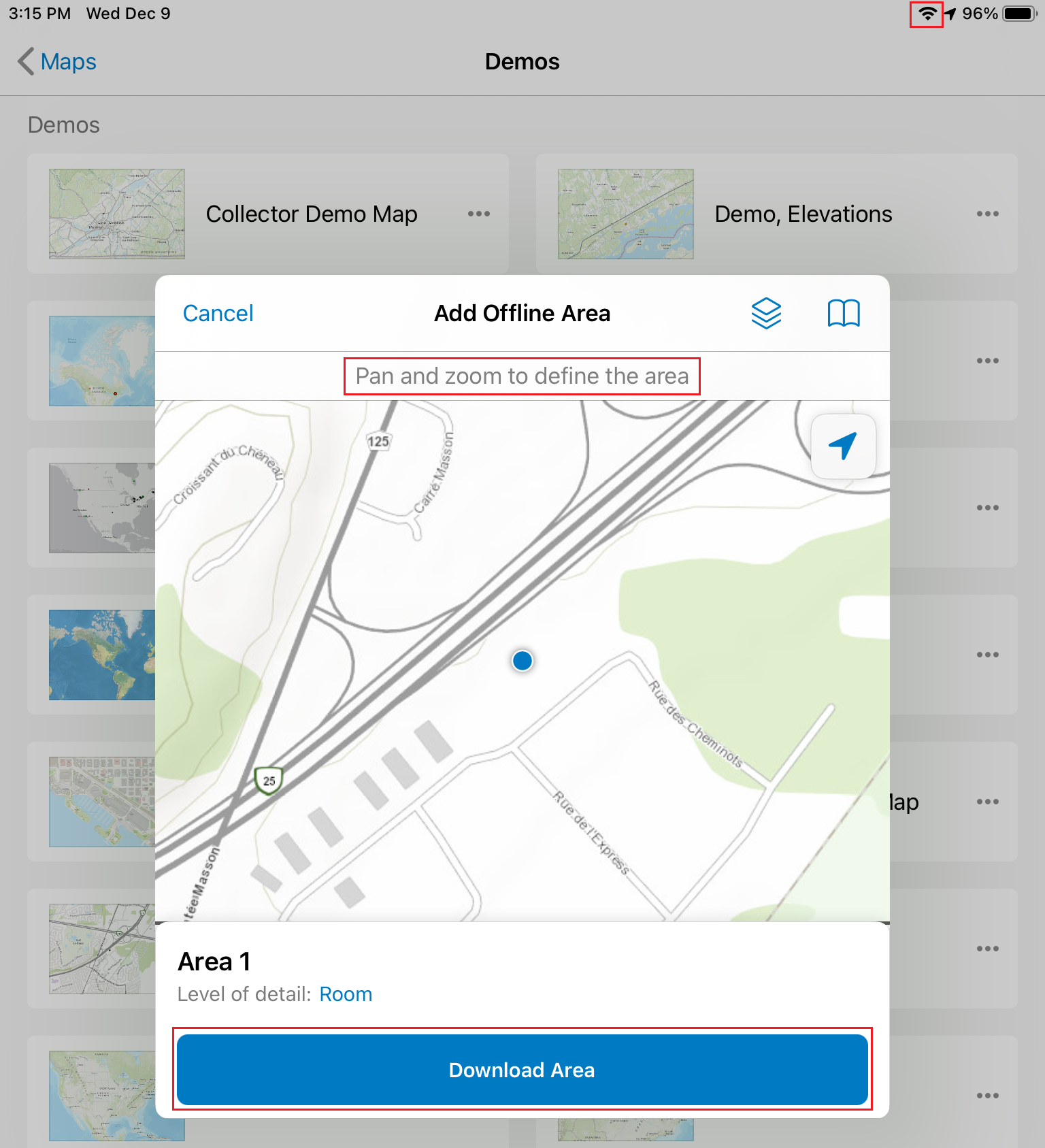 Collector offline screenshot 2.1 Pan and zoom to define your area where you will perform field work on this outing.