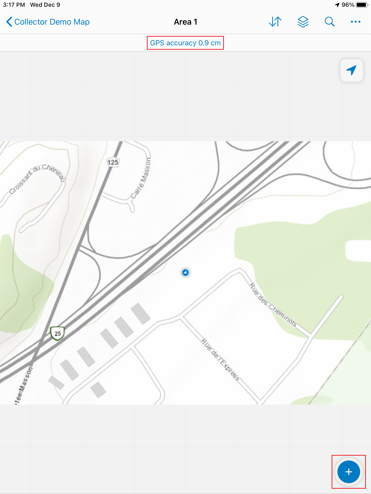 Collector offline screenshot 3.1 Your GPS accuracy appears in blue font at the top of your map area