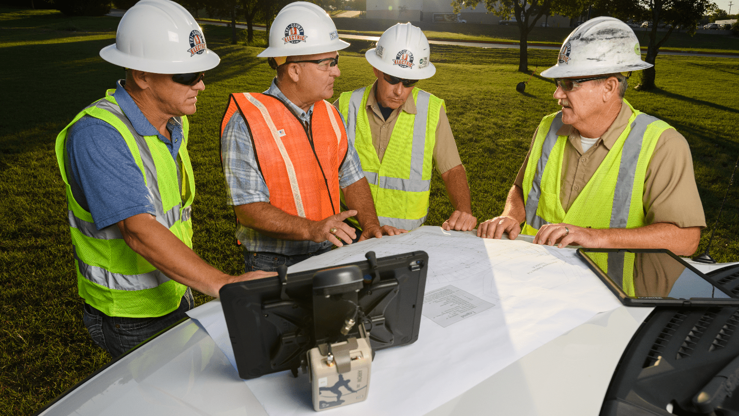 Arrow Gold for Field Staking: TCEC Improves Customer Service with Real-Time ArcGIS Access via Futura GIS; Eos Positioning Systems case study - TRI COUNTY ELECTRIC COOPERATIVE TCEC in TEXAS uses Eos Arrow Gold and Arrow 200 for field staking of electric construction sites with Futura Systems' FieldPro staking app on iOS; shown here is part of the TCEC team performing field staking