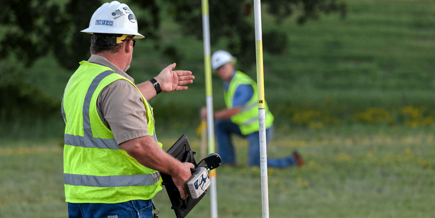 Arrow Gold for Field Staking: TCEC Improves Customer Service with Real-Time ArcGIS Access via Futura GIS; Eos Positioning Systems case study - TRI COUNTY ELECTRIC COOPERATIVE TCEC in TEXAS uses Eos Arrow Gold and Arrow 200 for field staking of electric construction sites with Futura Systems' FieldPro staking app on iOS; shown here is part of the TCEC team performing field staking