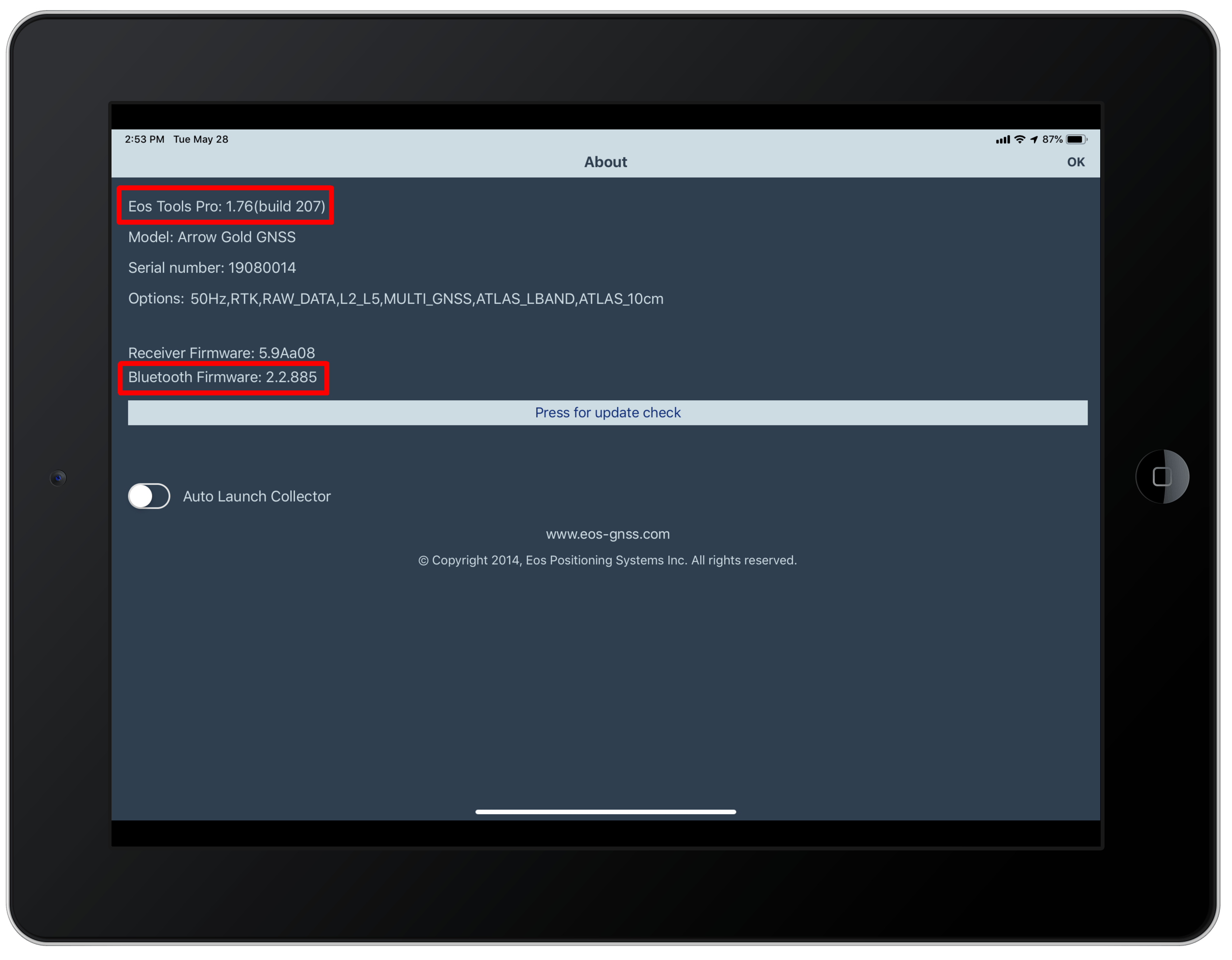 How to update your Bluetooth firmware in Eos Tools Pro from Eos Positioning Systems; shown here is your Bluetooth firmware screen