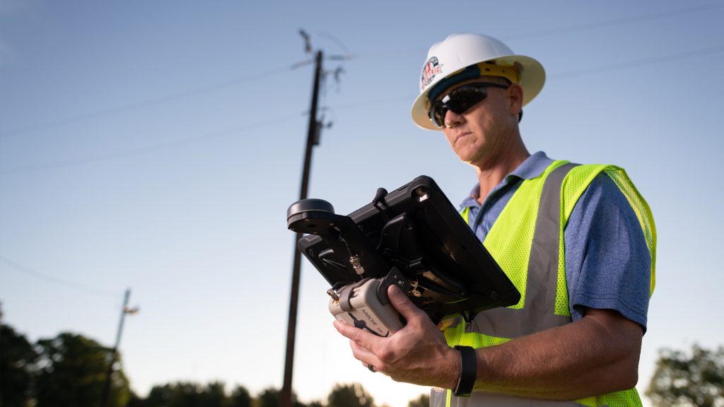 Arrow Gold for Field Staking: TCEC Improves Customer Service with Real-Time ArcGIS Access via Futura GIS; Eos Positioning Systems case study - TRI COUNTY ELECTRIC COOPERATIVE TCEC in TEXAS uses Eos Arrow Gold and Arrow 200 for field staking of electric construction sites with Futura Systems' FieldPro staking app on iOS; shown here is part of the TCEC team performing field staking