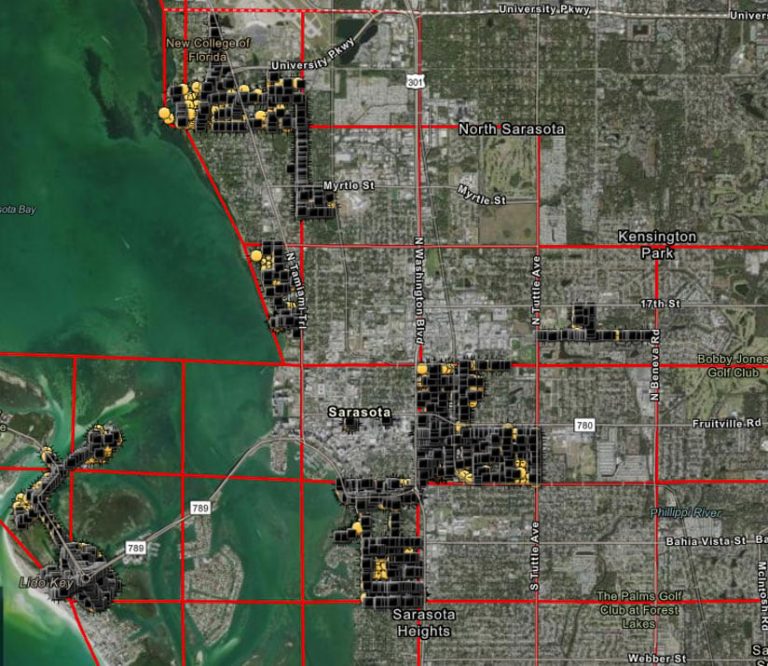 City of Sarasota screenshot: ArcGIS map showing points collected with ArcGIS Collector and Arrow 100 GNSS GPS receivers during COVID-19 pandemic