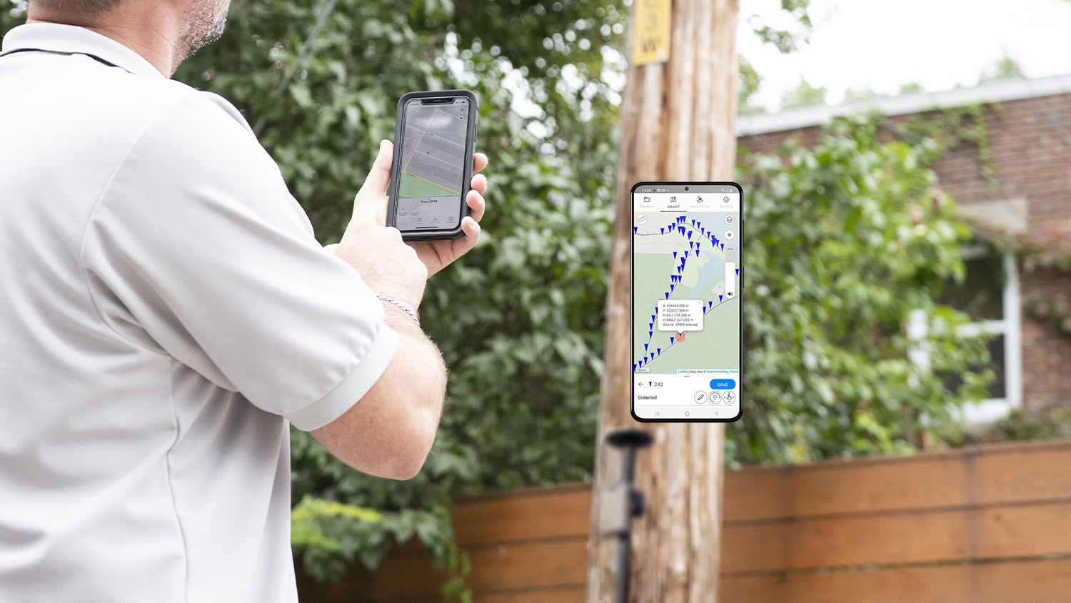 Mobile worker captures high accurate GNSS locations in Esri partner app OnPOZ Collect from Effigis with Arrow Gold RTK GNSS receiver in the background
