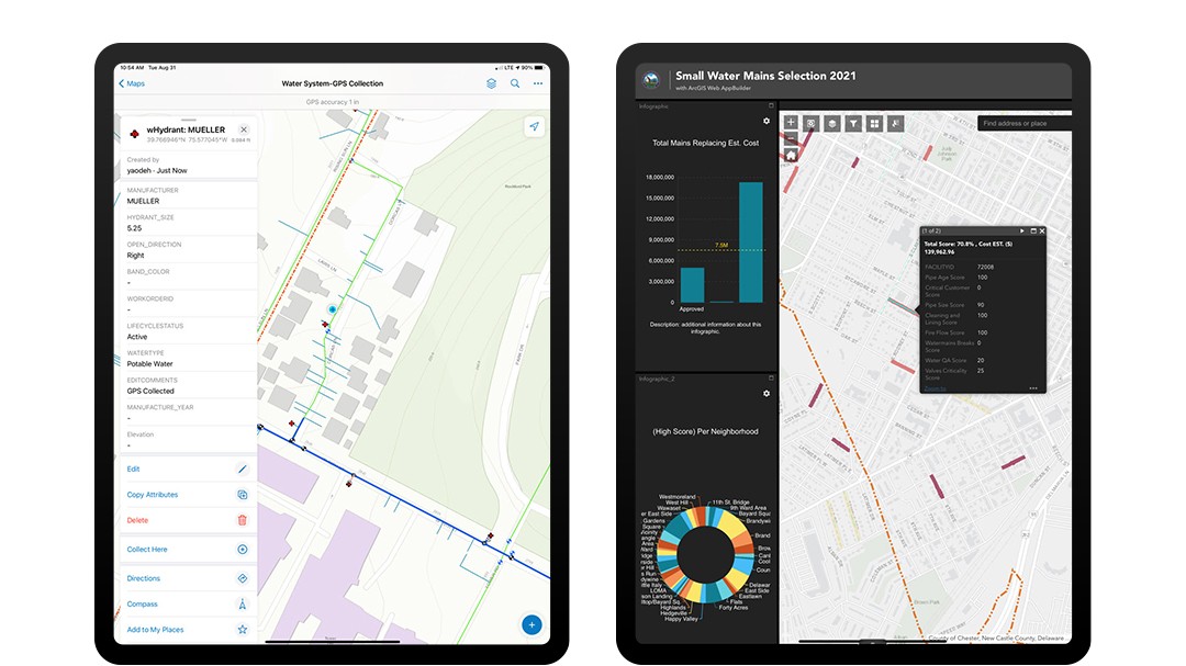 Side by side screenshtos of Esri ArcGIS Field Maps with Arrow GNSS receivers for City of Wilmington Delaware, on iPad Pro