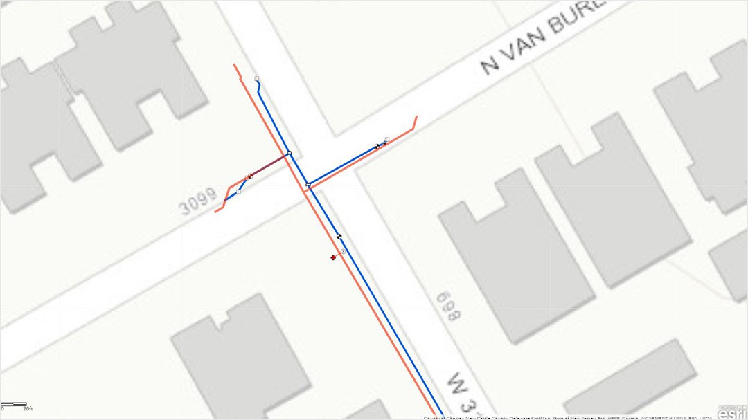 Orange CAD as-built drawings compared to blue GPS GNSS receiver asset lines in Esri ArcGIS Field Maps using Arrow GNSS receivers in Wilmington, Delaware public works department