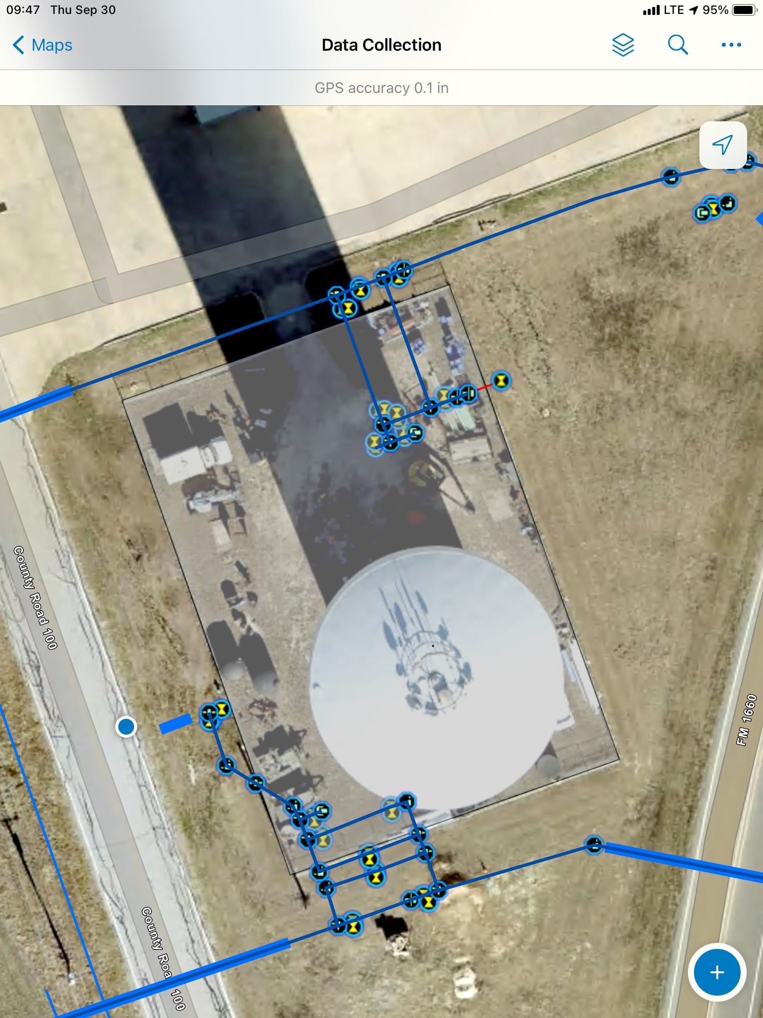 A screenshot of Esri ArcGIS Field Maps shows locations of a mapped water main with high accuracy locations from an Eos Arrow Gold GNSS receiver