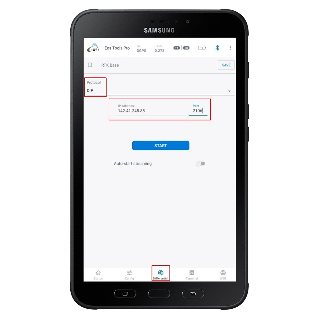 Samsung Screenshot of DIP Main Menu for How to Configure Eos Tools Pro in RTK Mode on Android