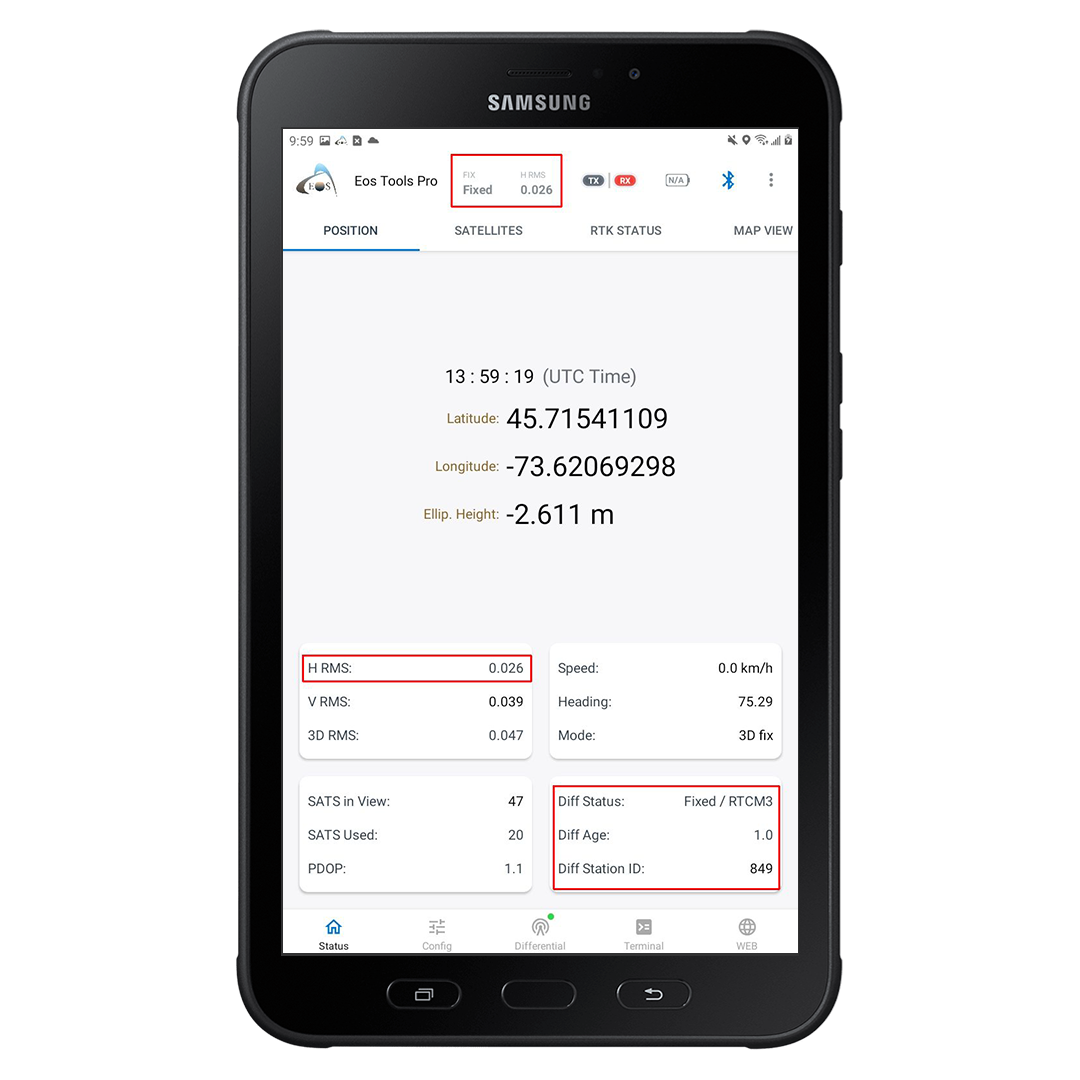 Samsung Screenshot of Position Tab for How to Configure Eos Tools Pro in RTK Mode on Android