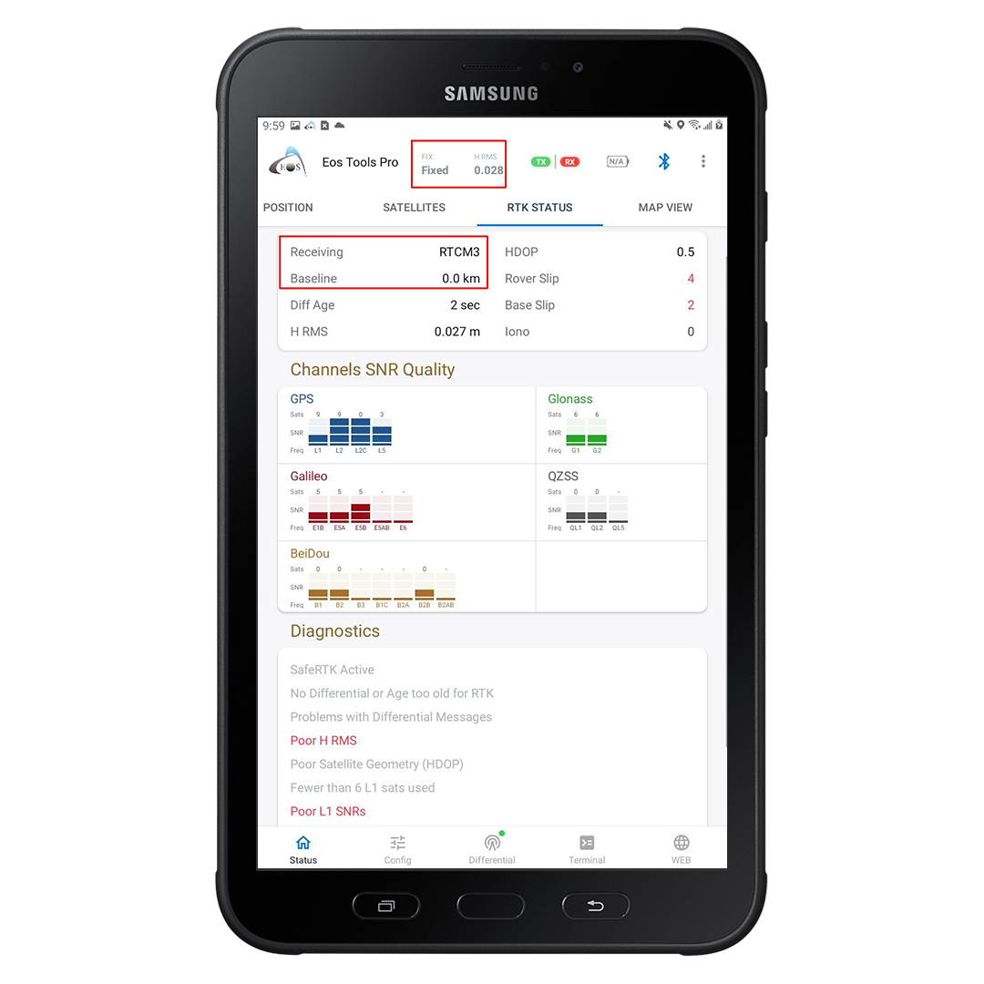 Samsung Screenshot of RTK Status for How to Configure Eos Tools Pro in RTK Mode on Android