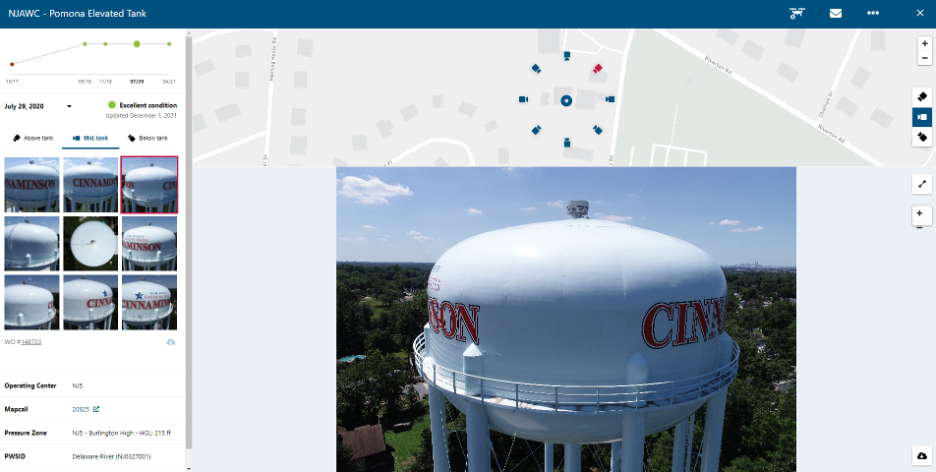 New Jersey American Water - Screenshot from Sky View, which provides an intuitive user interface to choose what direction and elevation to view an elevated asset from, as well as navigate images over time