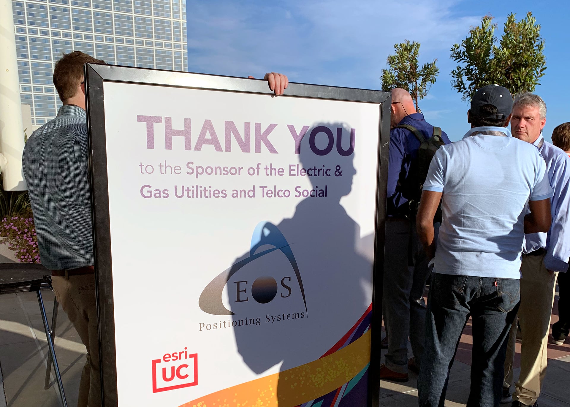 An Eos sponsor signs sits at the Esri Electric & Gas Utilities Social at the 2022 Esri UC