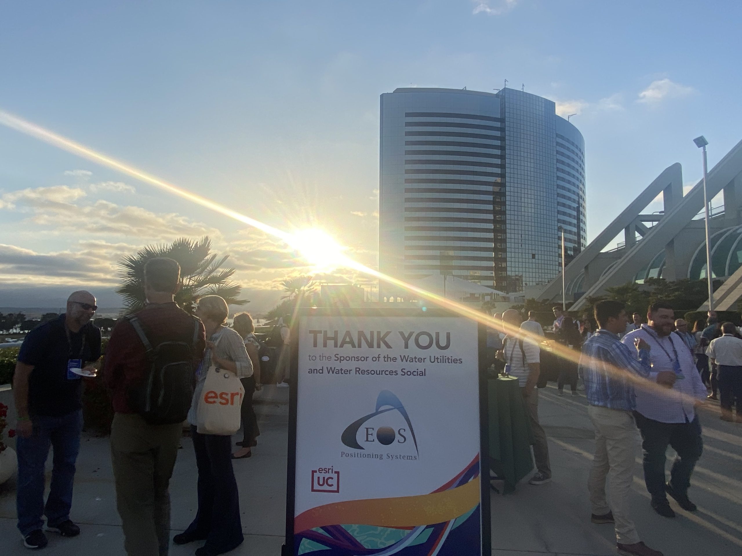 An Eos sponsor signs sits at the Esri Water social at the 2022 Esri UC