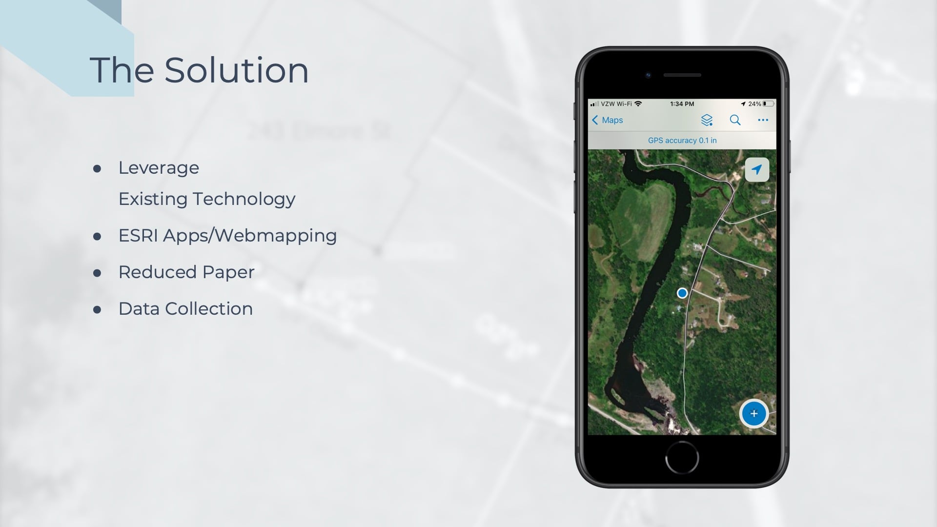 "The Solution" explanation continues, showing a screenshot of ArcGIS Field Maps data collection app on the right. Vermont Gas Systems wanted to leverage mobile mapping apps. The vision was to equip field crews with all technology they needed to edit, create, and maintain data in real time.