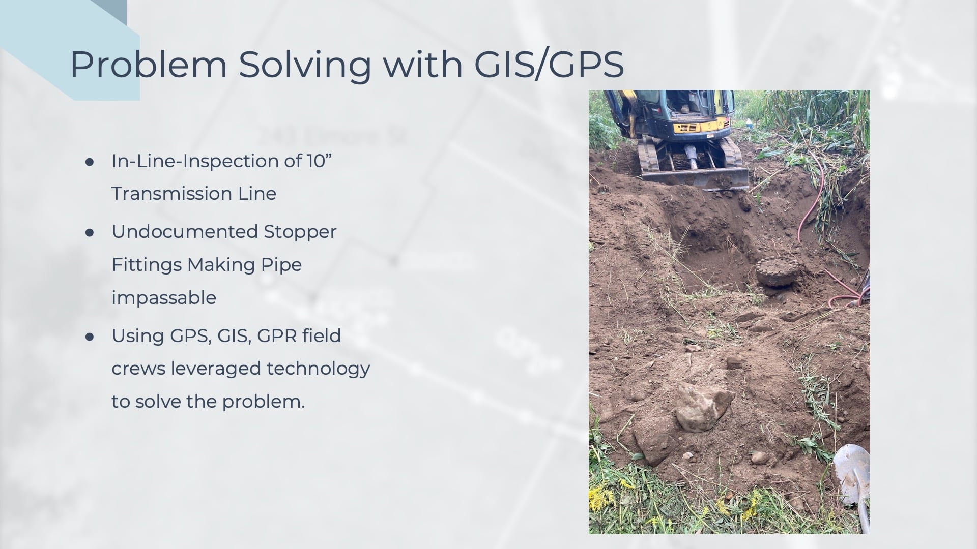 In the final slide of "Problem Solving with GIS/GPS" section, a close-up view of the discovered asset is shown. In the dirt, they find a "phantom" (or, previously undiscovered) stopper they found in their excavations of the field. Their suspicions were correct from the overhead imagery, and they were able to find the asset.