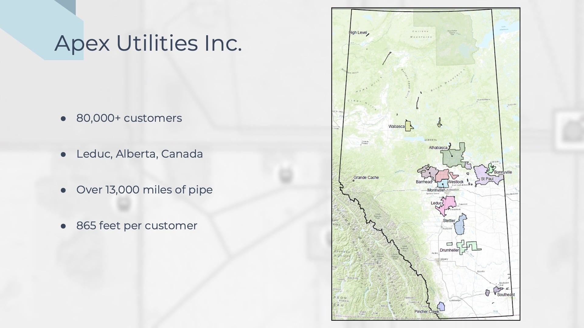 The first slide in Mathew Desbiens presentation tells viewers about the company, Apex Utilities Inc. Apex Utilities is a Canadian company serving over 80,000 customers with gas service throughout the expansive province of Alberta. This large province is displayed on a map on the righthand side of the slide.