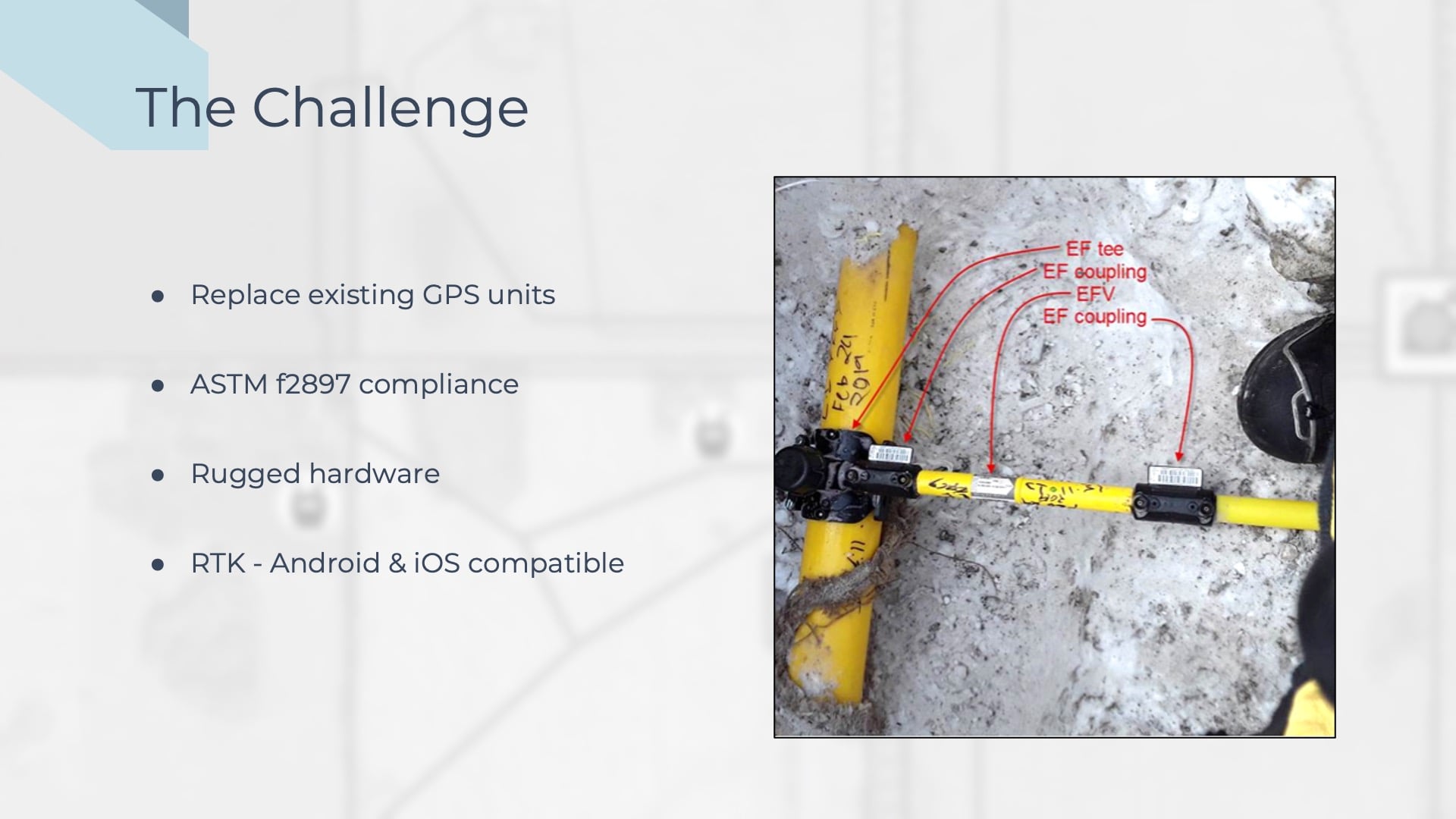 This slide outlines the challenges Apex Utilities wanted to overcome.The image on the right shows an example of the barcodes Apex Utilities scans to comply with ASTM F2897 requirements. ASTM F2897 is a standard that defines how barcodes are printed, parsed, and interpreted by users for polyethylene pipe components for natural gas. Apex wanted to reach this compliance with efficiency and ease.