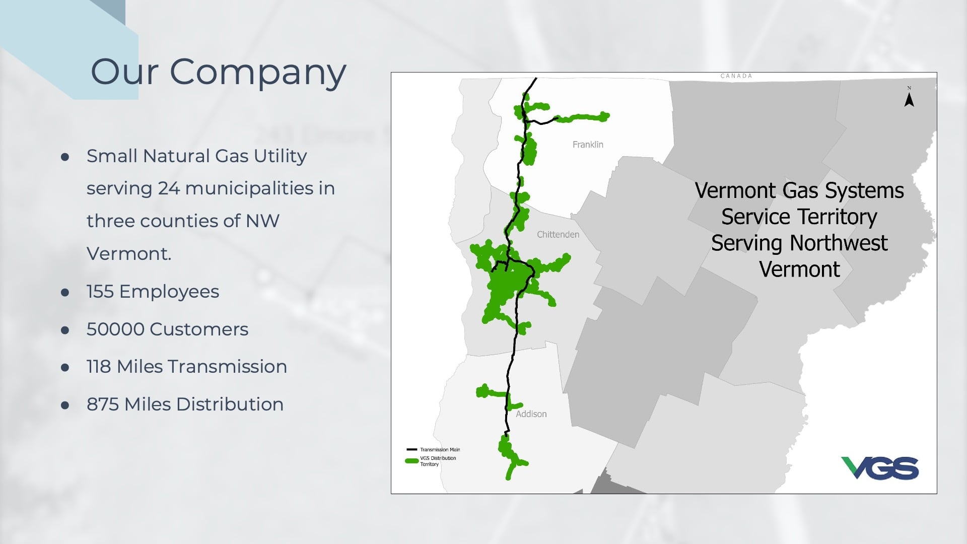 Slide 1 of James Cunningham's High-Accuracy As-Builting for Gas Utilities Presentation shows a map of Vermont Gas System's Territory alongside bullet points about the company