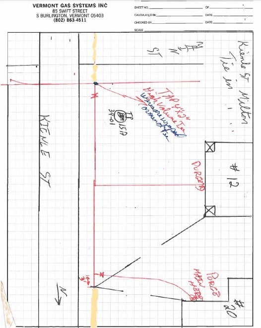 An example of the paper field notes that Vermont Gas Systems would previously have to interpret into either hand drawings or CAD drawings, showing roughly drawn plans