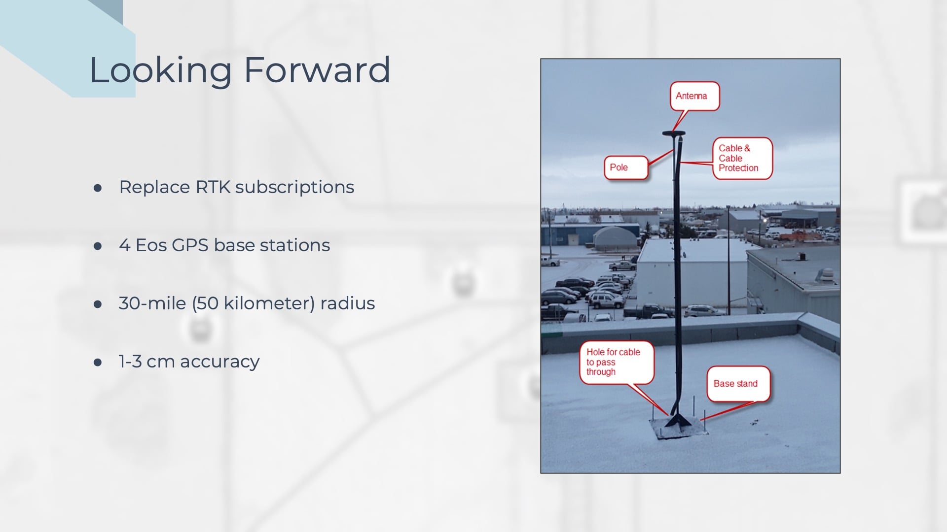 This slide, titled "Looking Forward," reviews the goals Apex Utilities wants to achieve in the future. Apex Utilities aims to eliminate all its annual RTK network subscription costs (charged per user) by installing its own Arrow Gold base stations. A photo of one is displayed on the right, installed on the roof of a building.