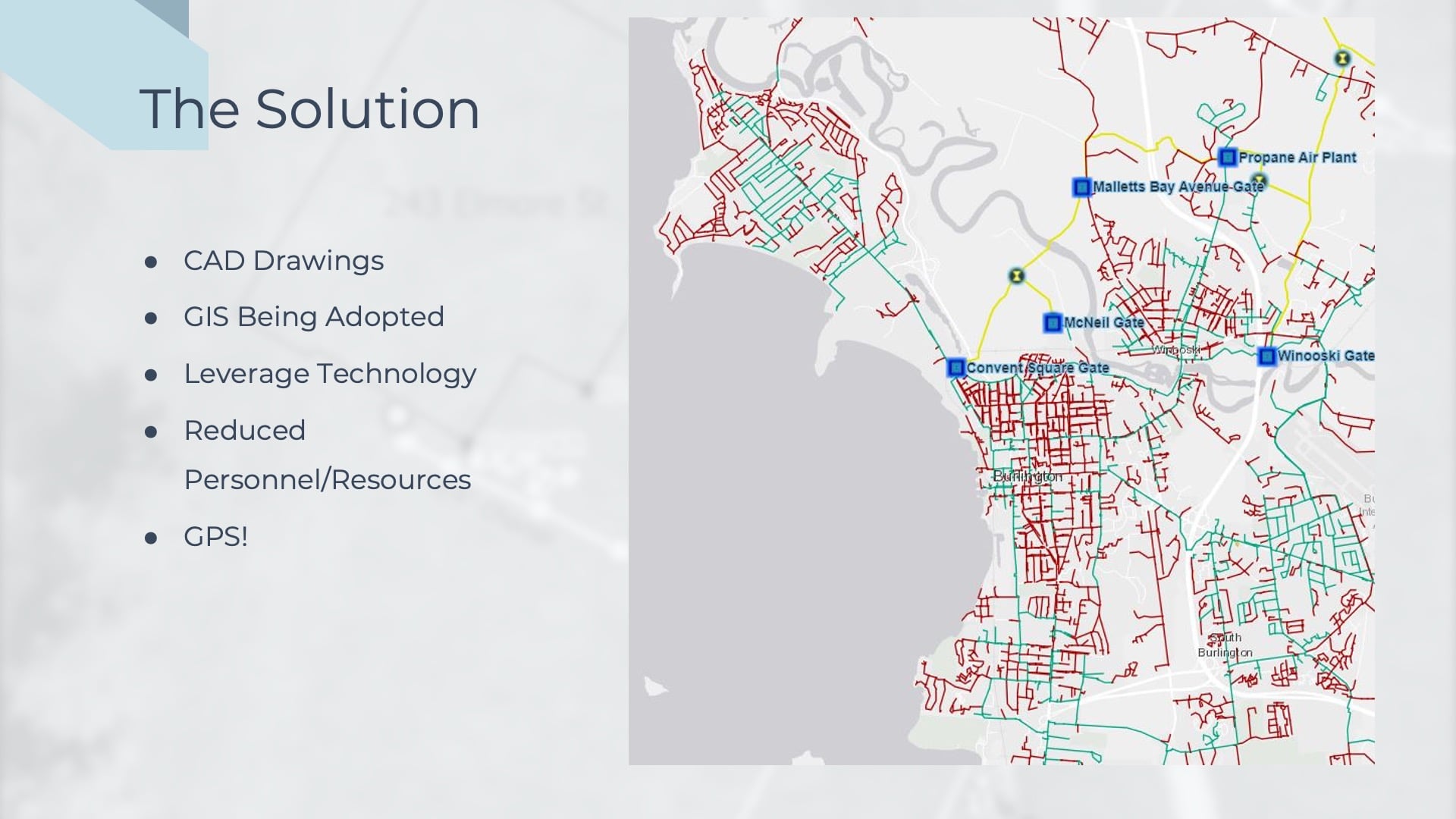 The explanation of "The Solution" continues on this slide, showing how Vermont Gas Systems’ GIS allowed them to view, search, filter, and find granularity within its asset records. The result was smarter decision-making.