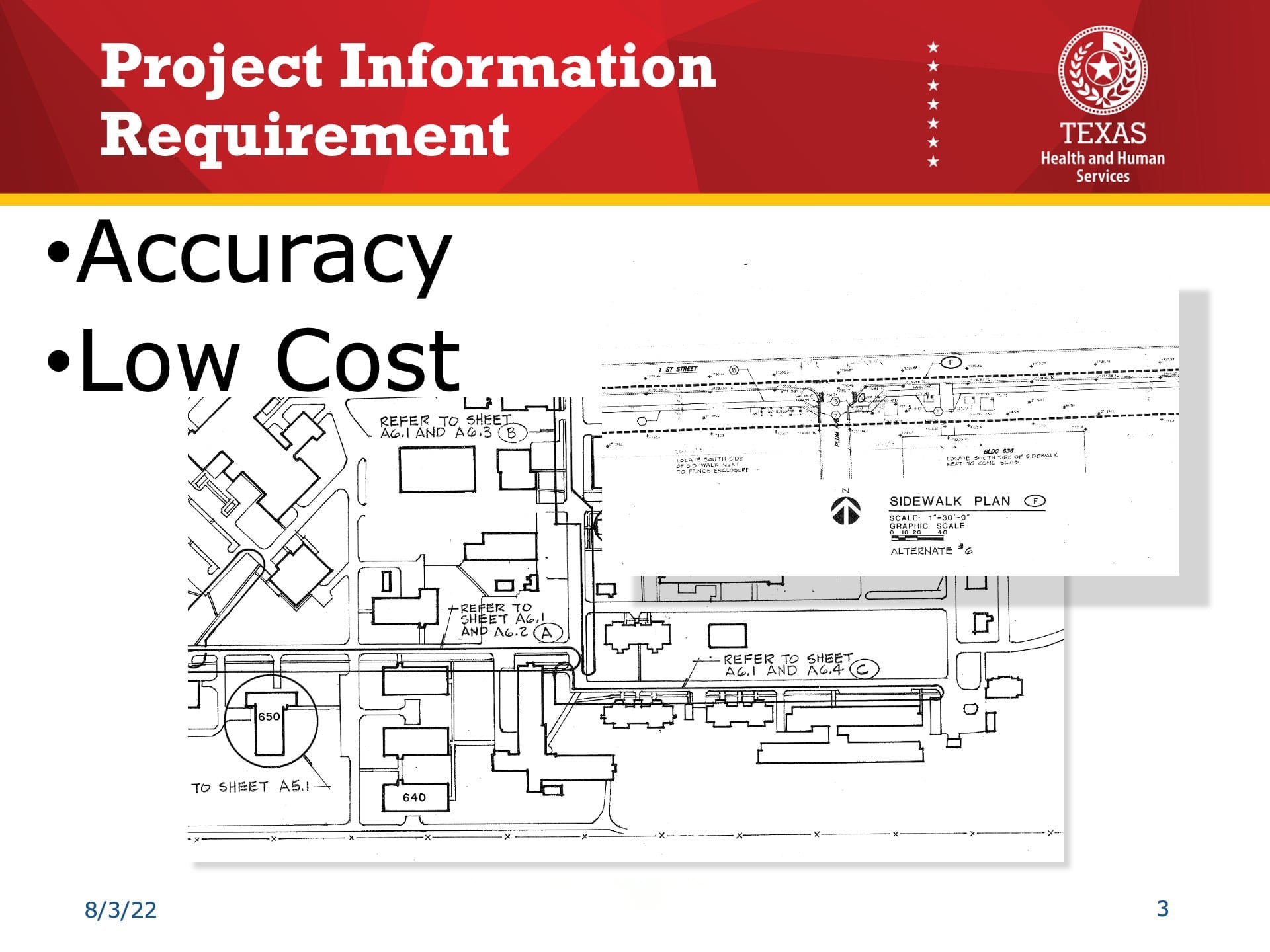Esri UC 2022 Slide Reading: "Project Information Requirement: Accuracy, Low Cost." Photos of CAD drawings are on the slide.