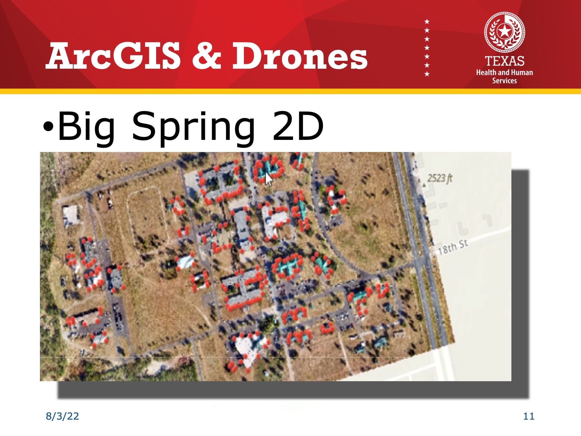 Esri UC 2022 Slide Reading: "ArcGIS & Drones: Abilene 3D" shows a close up of the parking lot, where you can visibly see the yellow parking lot lines.