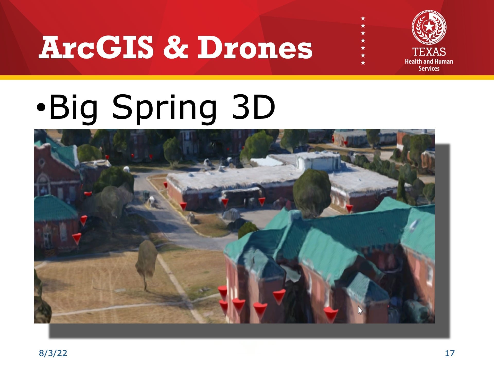 Esri UC 2022 Slide Reading: "ArcGIS & Drones: Big Spring 2D" with an overhead map of the campus showing a close up of the red GPS points from the side. You can see they are 3D red cones, with the bottom of the cone being the exact GPS point.