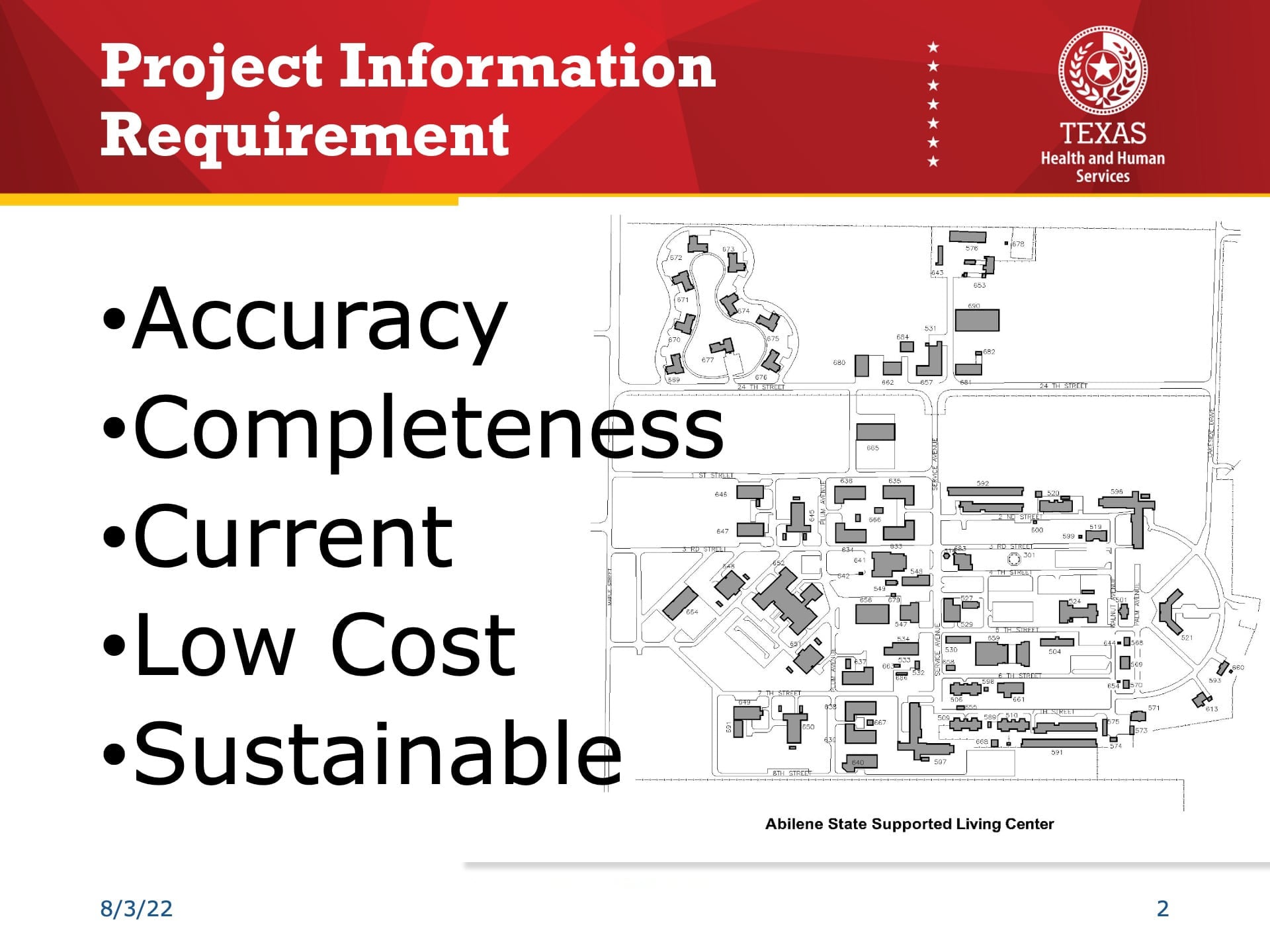 Esri UC 2022 Slide Reading: "Project Information Requirements: Accuracy, Completeness, Current, Low Cost, Sustainable." A photo of a campus map is displayed to the right.