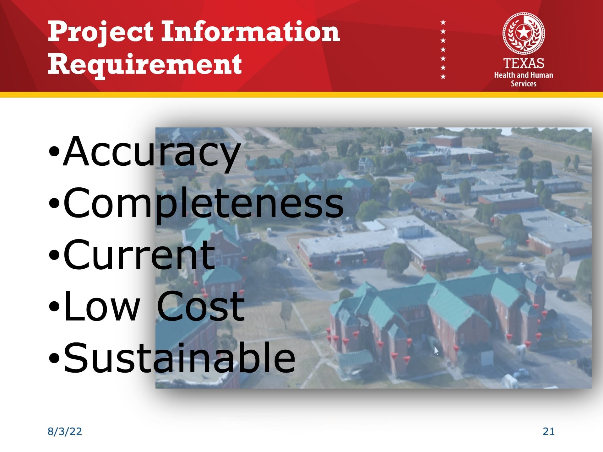 Esri UC 2022 Slide Reading: "Project Information Requirements: Accuracy, Completeness, Current, Low Cost, Sustainable." A georeferenced 3D images of a campus is shown to the right.