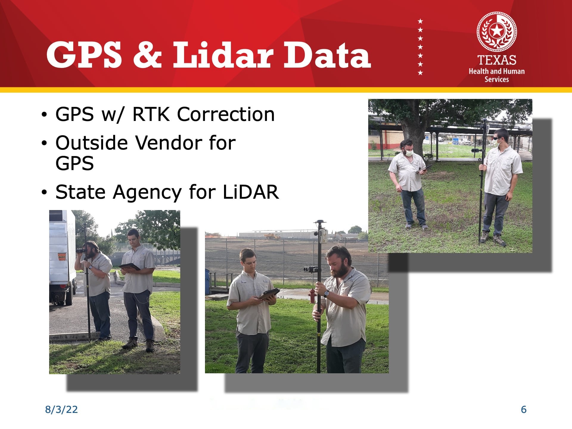 Esri UC 2022 Slide Reading: "GPS & Lidar Data." Bullet Points include: "GPS with RTK Correction, Outside Vendor for GPS, State Agency for LiDAR." Three photos show field crews with the survey equipment: the Eos Arrow Gold, Eos Laser Mapping Solution, and ArcGIS Field Maps.