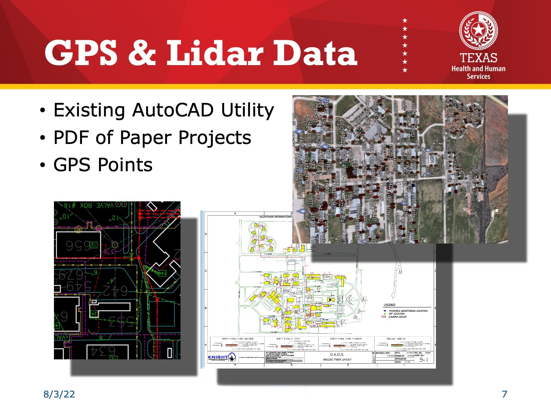 Esri UC 2022 Slide Reading: "GPS & Lidar Data." Bullet points include: "Existing AutoCAD Utility, PDF of Paper Projects, GPS Points." Three maps are displayed of CAD drawings containing georeferenced pointsand also drone imagery.